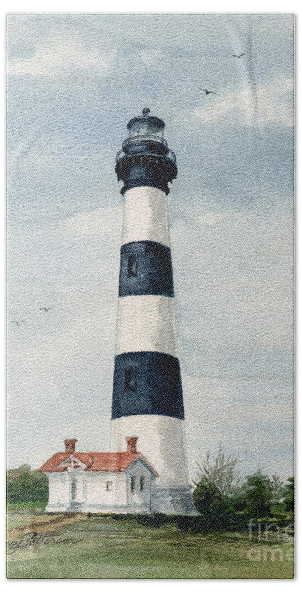 Bodie Island Lighthouse Hand Towel featuring the painting Bodie Island Lighthouse by Nancy Patterson