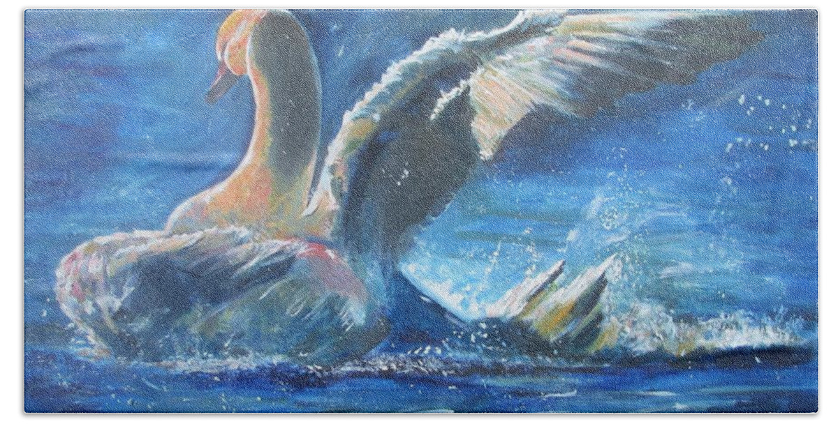 Heron Bath Towel featuring the painting Body wash by Khalid Saeed