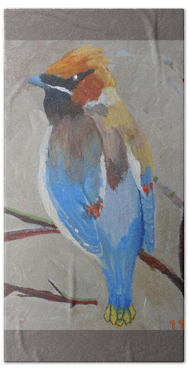 Bohemian Wax Wing Hand Towel featuring the painting Bohemian Wax Wing by Francine Frank