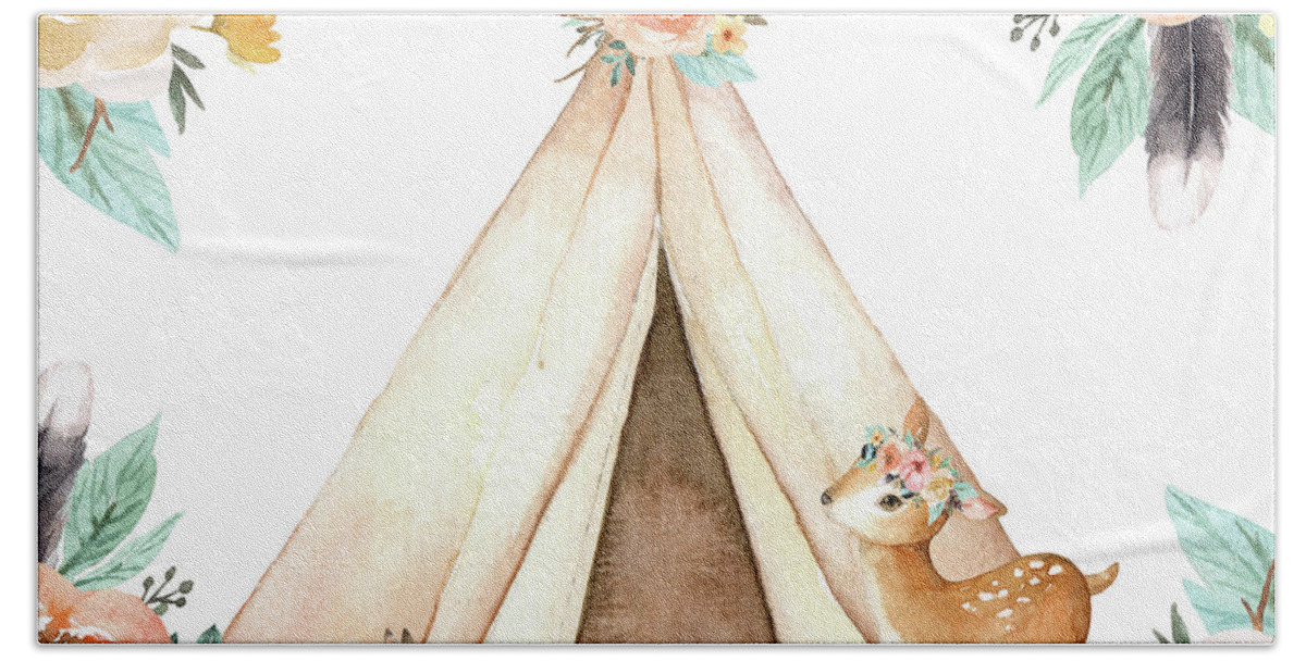 Teepee Hand Towel featuring the digital art Boho Teepee Deer Bunny Woodland Baby Nursery Pillow Wall Art Print by Pink Forest Cafe