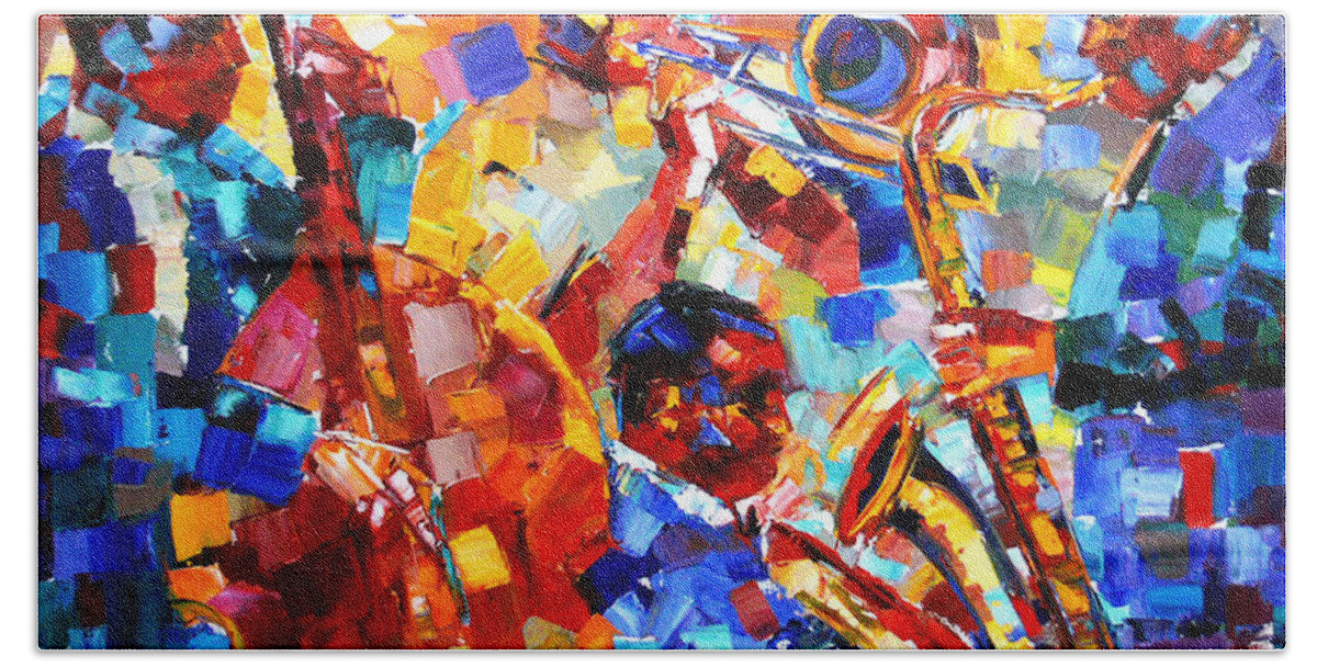 Jazz Hand Towel featuring the painting Bold Jazz Quartet by Debra Hurd