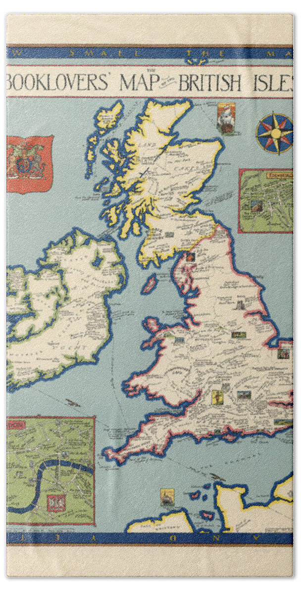 Booklovers Map Of The British Isles Hand Towel featuring the drawing Booklovers map of the British Isles - Pictorial Map - Antique Illustrated Map by Studio Grafiikka
