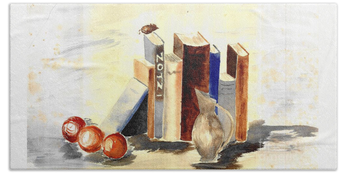 Books Hand Towel featuring the painting Books on the Desk - A Still Life Watercolor by Eleanor Robinson
