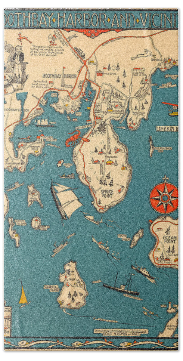 Boothbay Harbor Hand Towel featuring the mixed media Boothbay Harbor and Vicinity - Vintage Illustrated Map - Pictorial - Cartography by Studio Grafiikka