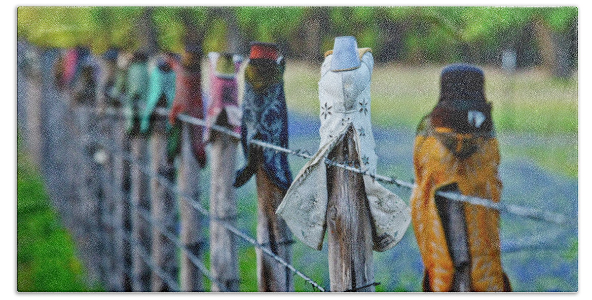 Boots Bath Towel featuring the photograph Boots on the Fence by Linda Unger