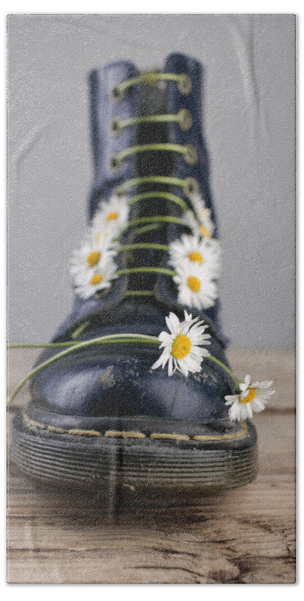 Boot Hand Towel featuring the photograph Boots with Daisy Flowers by Nailia Schwarz