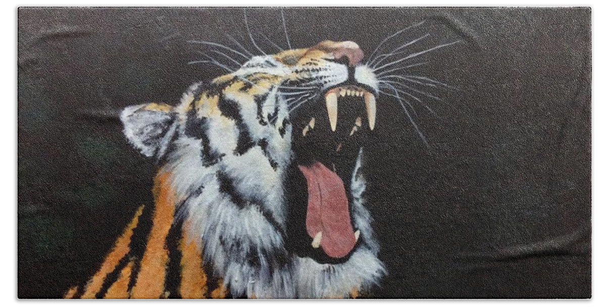 Tiger Hand Towel featuring the painting Born free by Elizabeth Mundaden