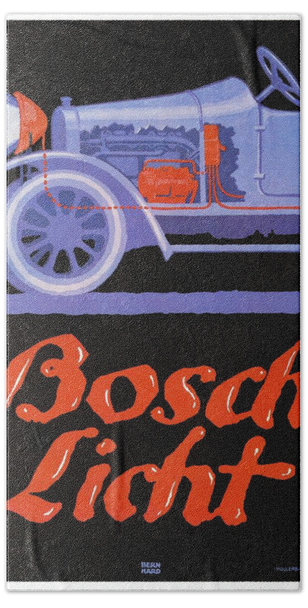 Vintage Bath Sheet featuring the mixed media Bosch Licht - Bosch Headlamps - Auto Advertising poster - Vintage, Retro by Studio Grafiikka
