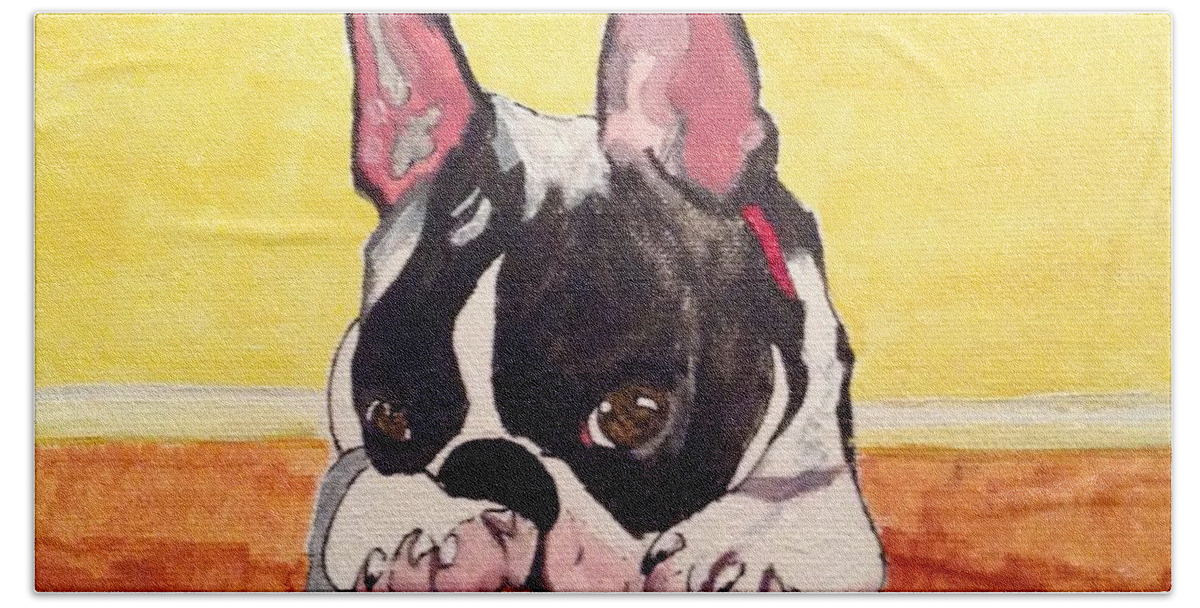 Boston Terrier Puppy Hand Towel featuring the painting Boston Baby by Sonja Jones