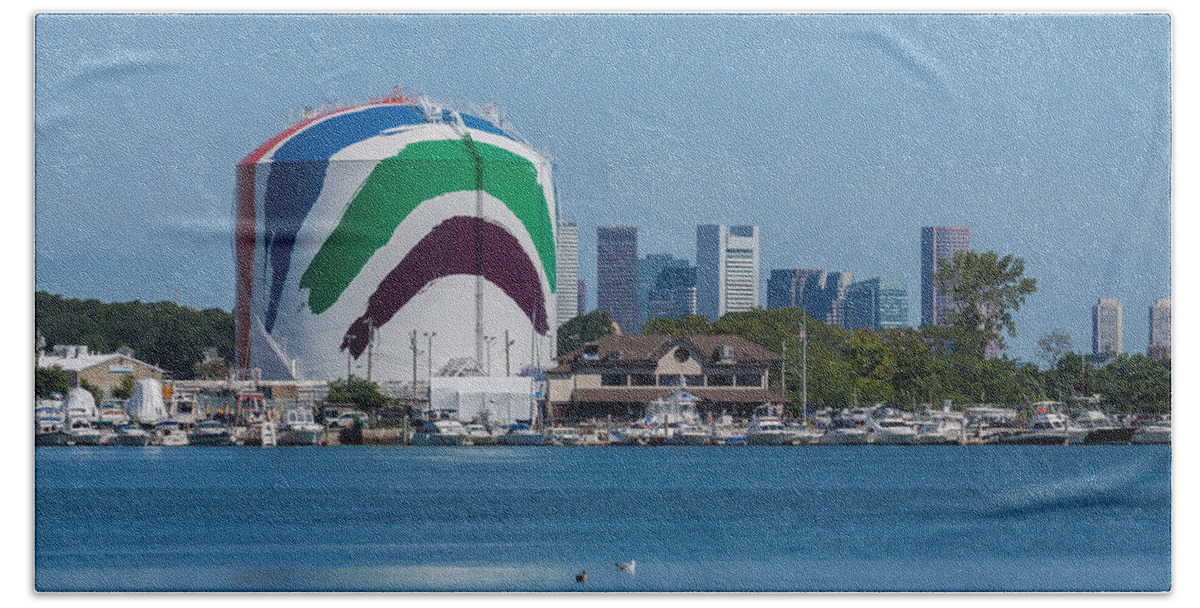Rainbow Swash Hand Towel featuring the photograph Boston Gas Tank by Brian MacLean