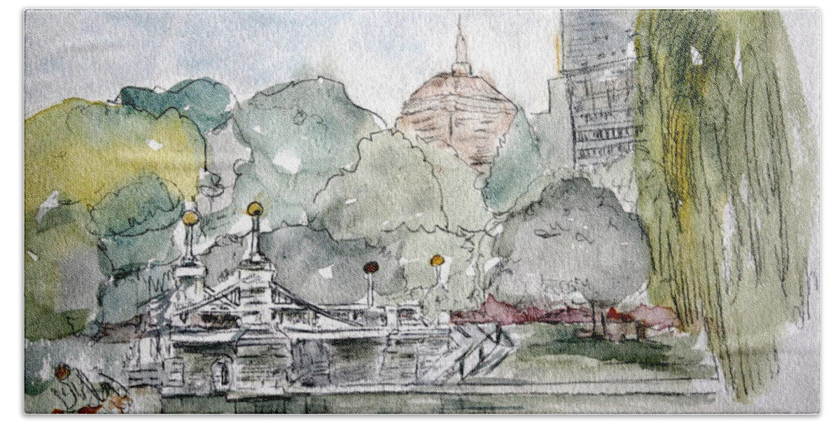 Boston Bath Towel featuring the painting Boston Public Gardens Bridge by Julie Lueders 