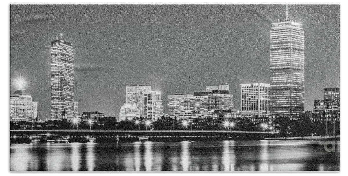 America Bath Towel featuring the photograph Boston Skyline at Night Black and White Panorama Picture by Paul Velgos