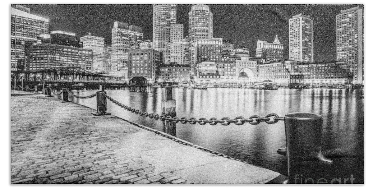 America Hand Towel featuring the photograph Boston Skyline at Night Black and White Picture by Paul Velgos