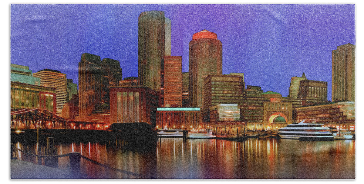 United States Bath Towel featuring the painting Boston Skyline USA by Gull G