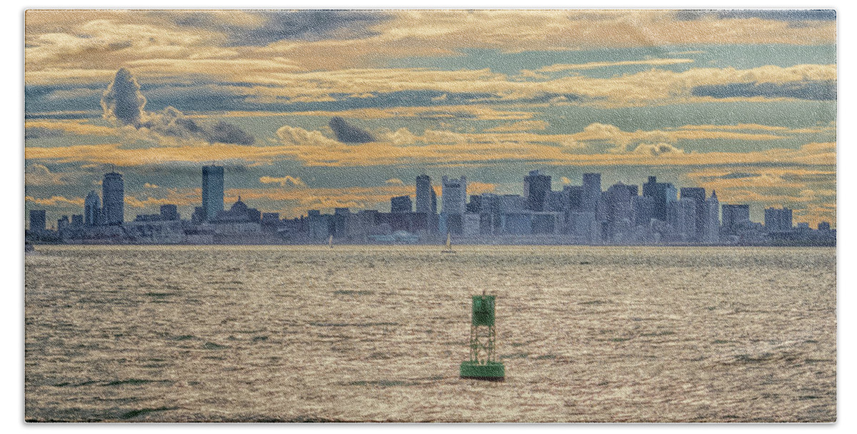 Boston Sunset And Buoy Bath Towel featuring the photograph Boston Sunset And Buoy by Brian MacLean