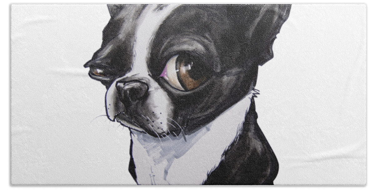 Boston Terrier Hand Towel featuring the drawing Boston Terrier by John LaFree