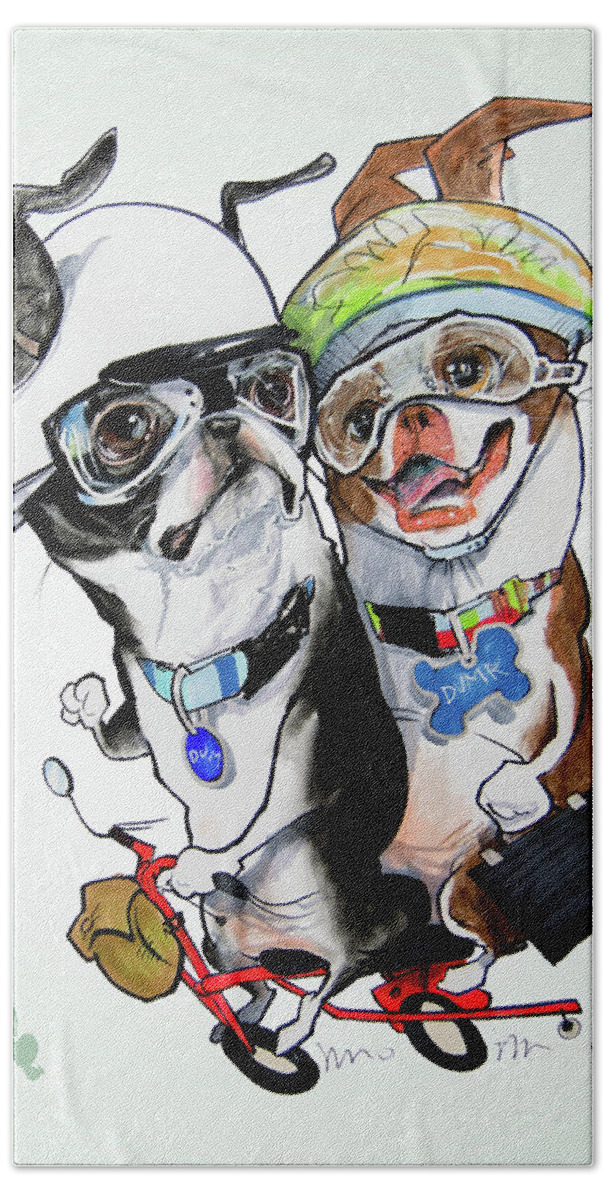Boston Terrier Hand Towel featuring the drawing Boston Terriers - Dumb and Dumber by John LaFree