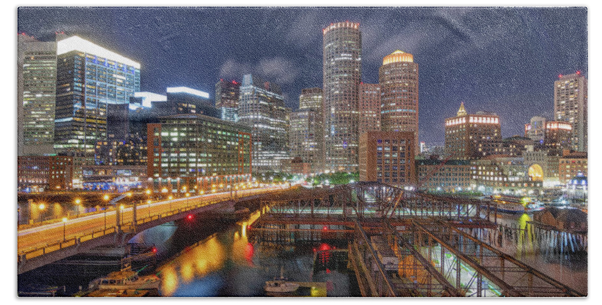 Boston Bath Towel featuring the photograph Boston's Skyline at Night by Kristen Wilkinson