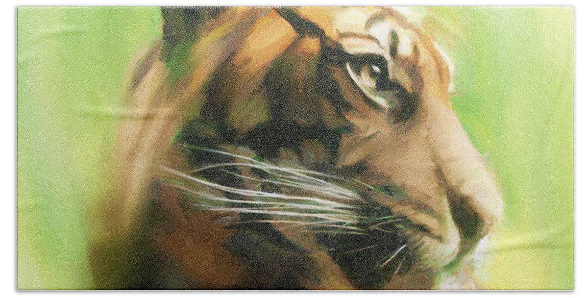 Tiger Hand Towel featuring the painting Bote Danjere by Greg Collins