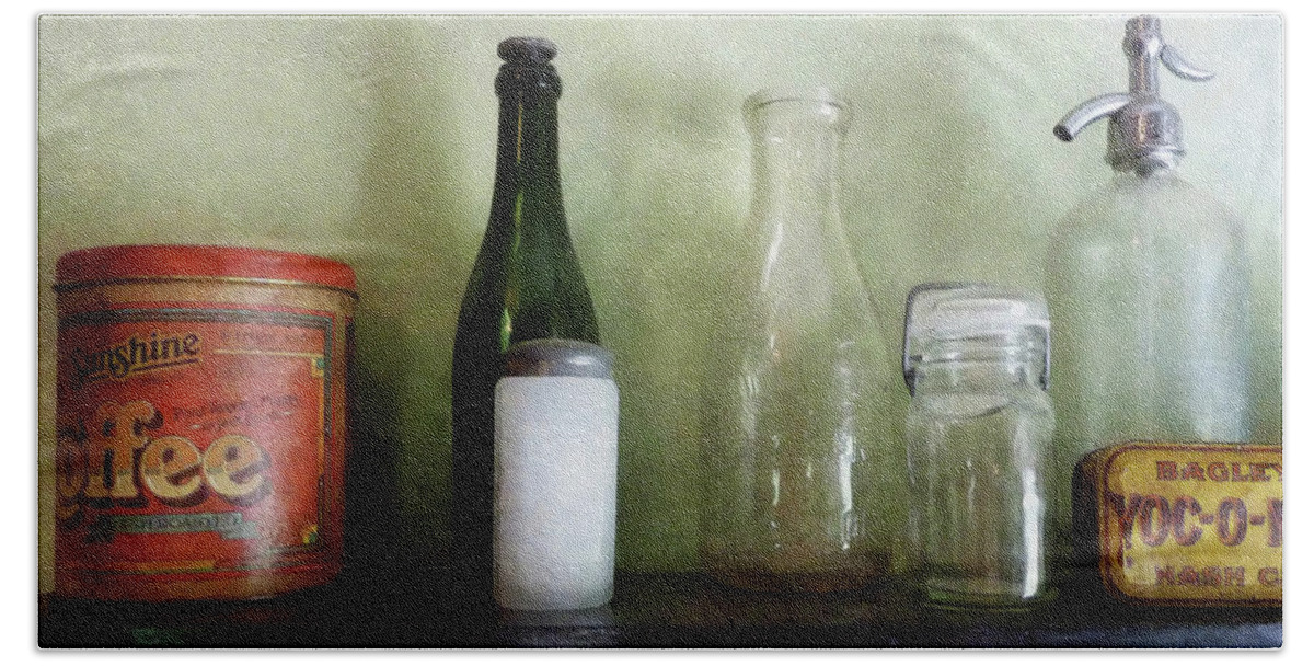 Cook Bath Towel featuring the photograph Bottles and a Coffee Can by Susan Savad