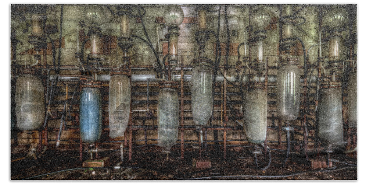 Urbex Hand Towel featuring the digital art Bottles hanging on the wall by Nathan Wright