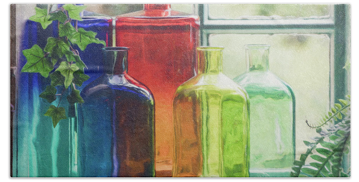 Blue Bath Towel featuring the photograph Bottles in the Window by Teresa Wilson
