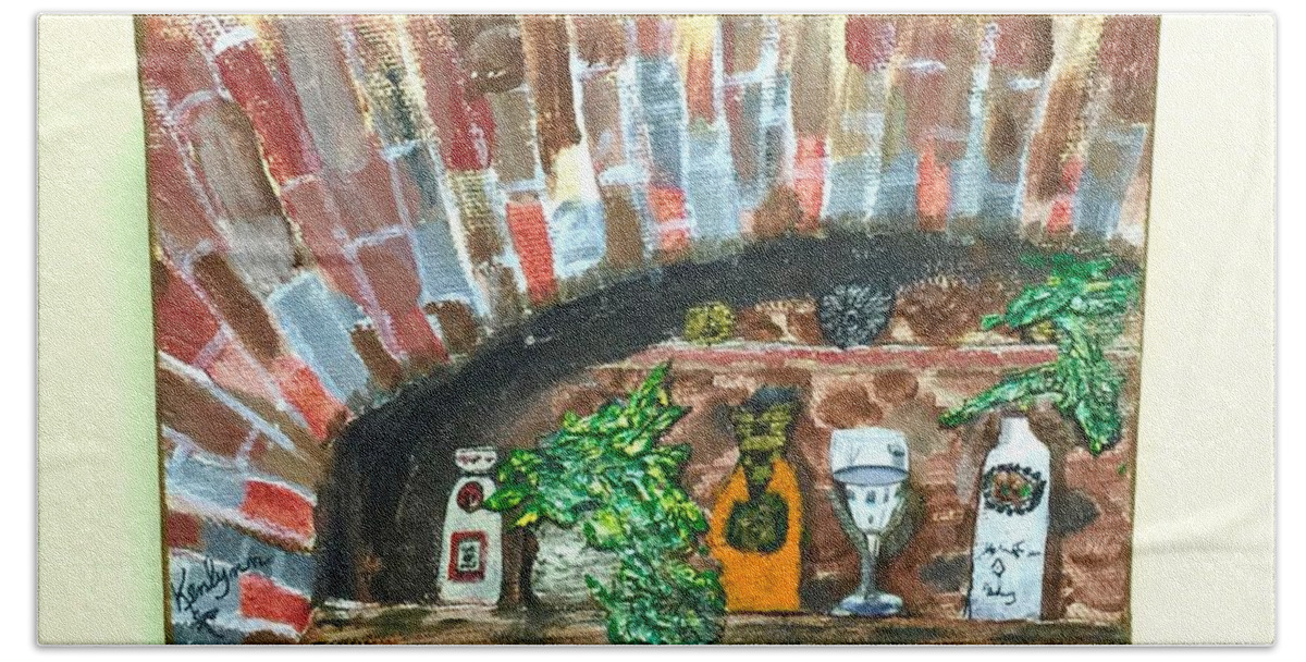 Brick Bath Towel featuring the painting Bottles on a Brick Ledge by Kenlynn Schroeder