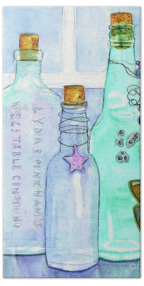 Bottles Bath Towel featuring the painting Bottles with Barnacles by Midge Pippel
