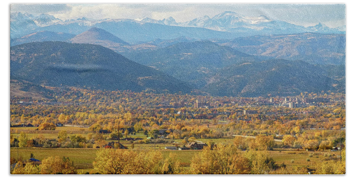 Rocky Mountains Hand Towel featuring the photograph Boulder Colorado Autumn Scenic View by James BO Insogna