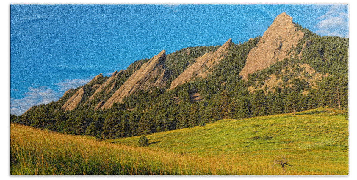 Colorado Bath Towel featuring the photograph Boulder Colorado Flatirons Sunrise Golden Light by James BO Insogna