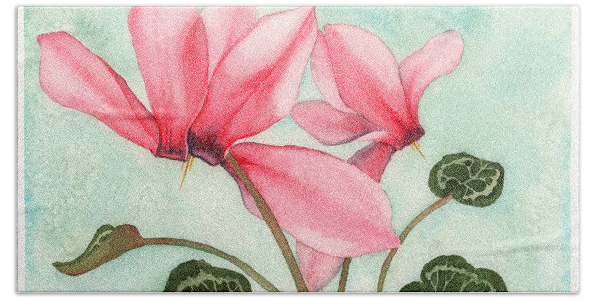 Cyclamen Bath Sheet featuring the painting Bounty by Hilda Wagner