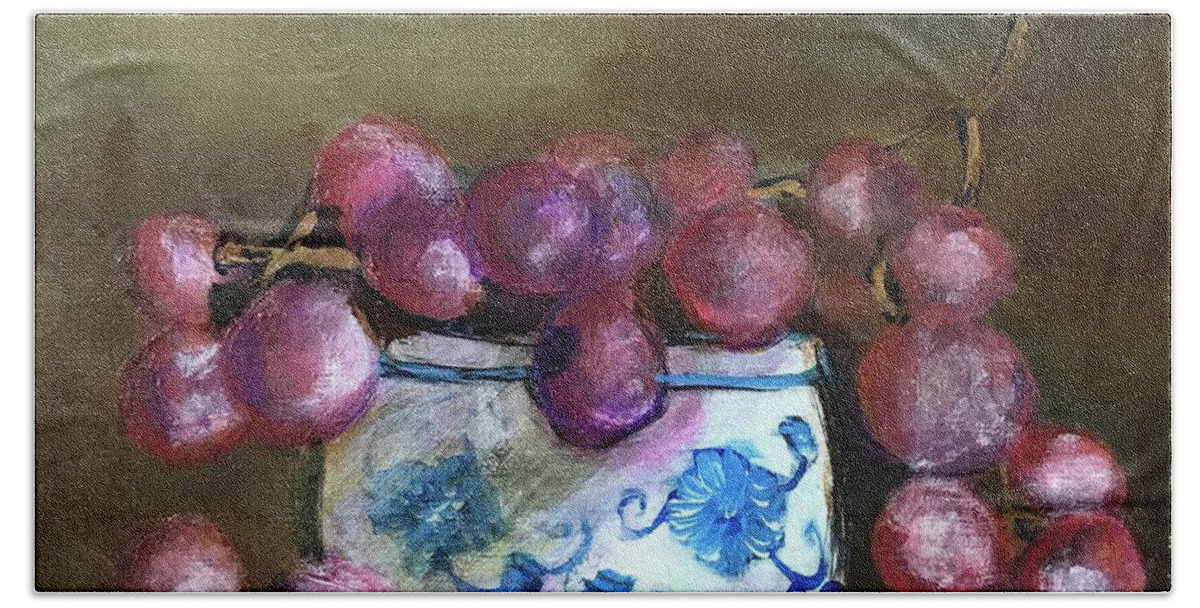 Original Art Work Bath Towel featuring the painting Bowl of Grapes by Theresa Honeycheck
