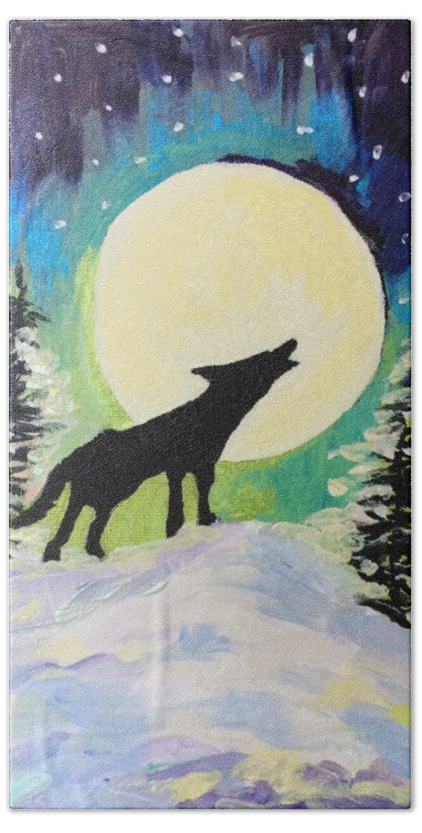 Winter Landscape Wolf Howling Bath Towel featuring the painting Howling at the Winter Moon by Judy Dimentberg
