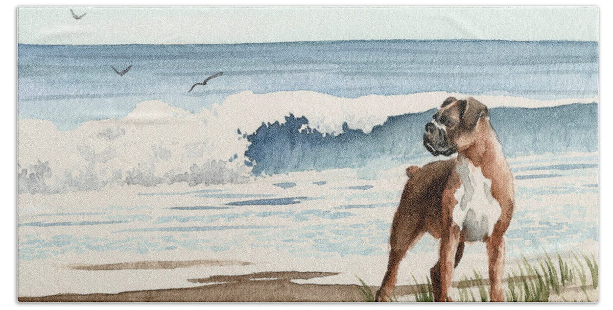 Boxer Hand Towel featuring the painting Boxer At The Beach by David Rogers