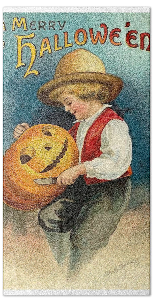 Boy Hand Towel featuring the mixed media Boy is carving a pumpkin by Long Shot