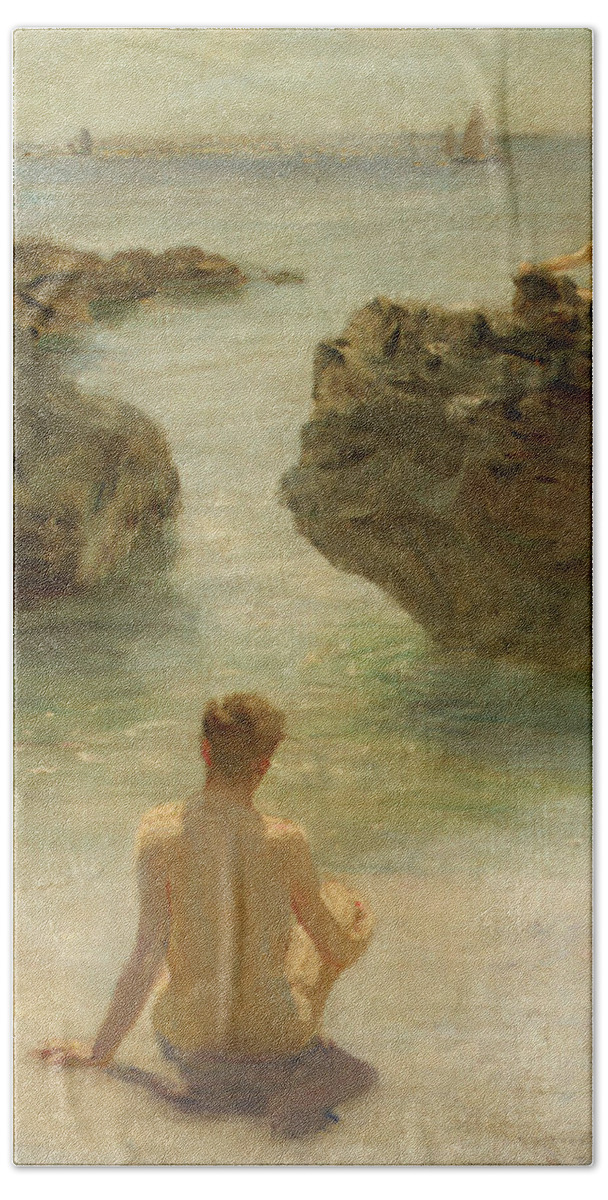 Boy Hand Towel featuring the painting Boy on a Beach, 1901 by Henry Scott Tuke
