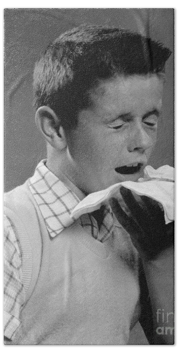 1950s Bath Towel featuring the photograph Boy Sneezing by H. Armstrong Roberts/ClassicStock