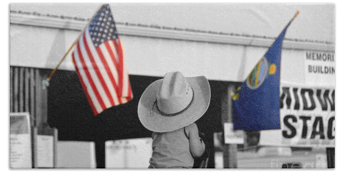 Cowboy Bath Towel featuring the photograph Boy with Two Flags by Catherine Sherman