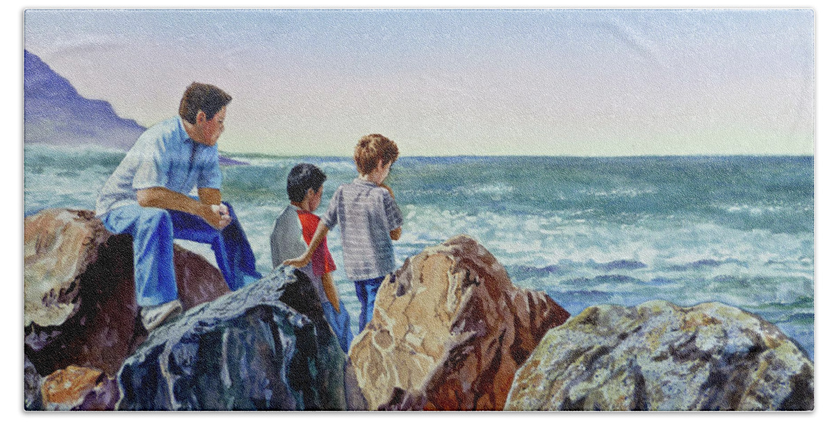 Ocean Hand Towel featuring the painting Boys and The Ocean by Irina Sztukowski