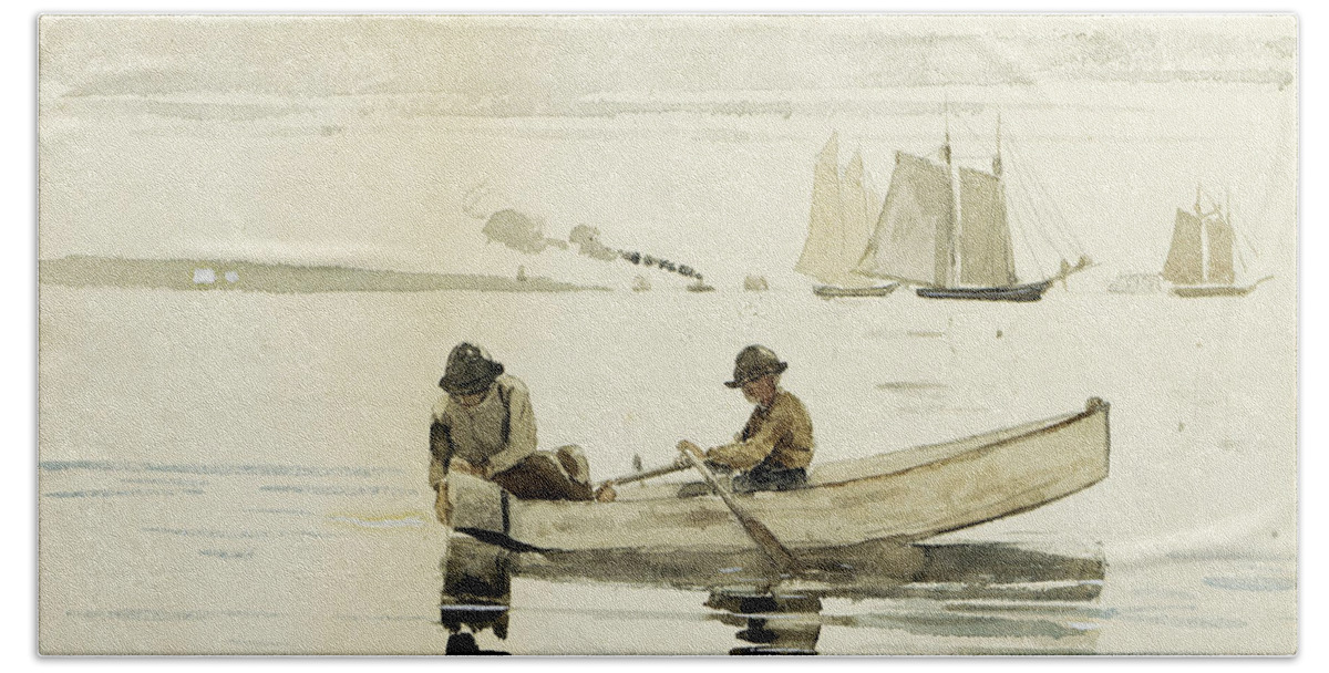 Winslow Homer Bath Towel featuring the drawing Boys Fishing by Winslow Homer