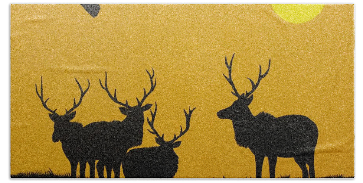 Elk Bath Towel featuring the painting Boy's night out by Ralph Root