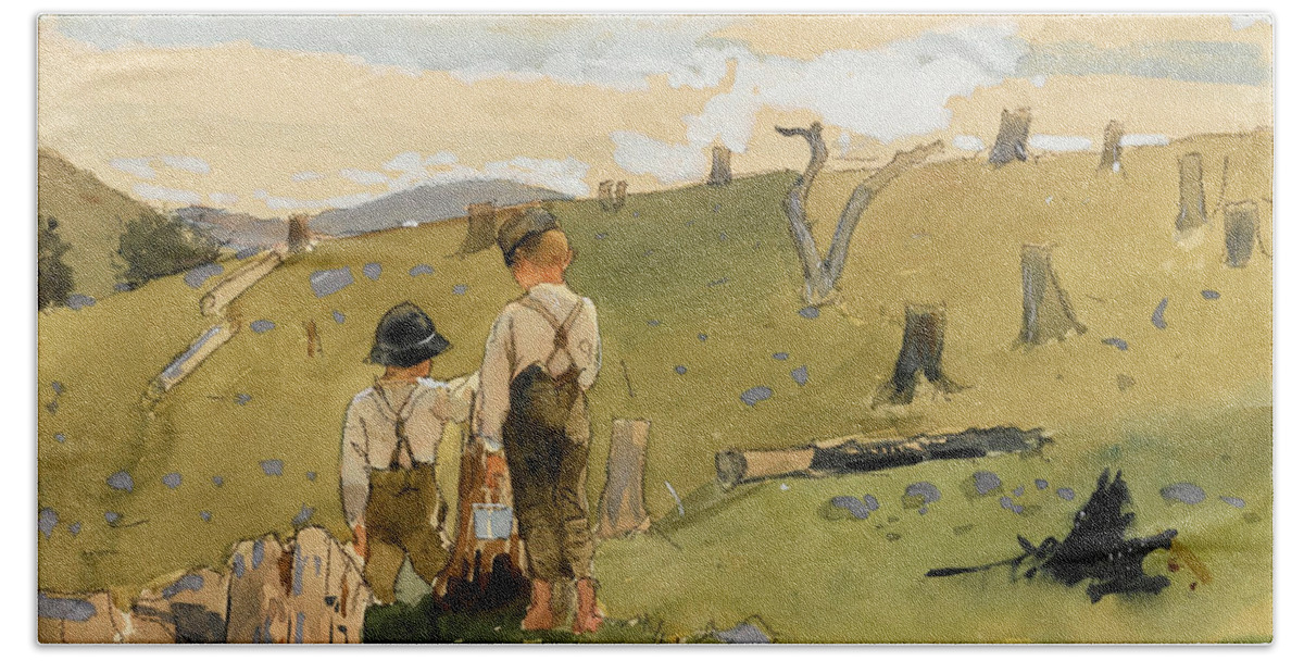Winslow Homer Bath Towel featuring the drawing Boys on a Hillside by Winslow Homer