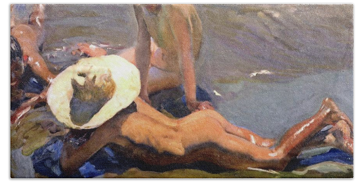 Sorolla Bath Towel featuring the painting Boys on the Beach of 1908 by Juaquin Sorolla