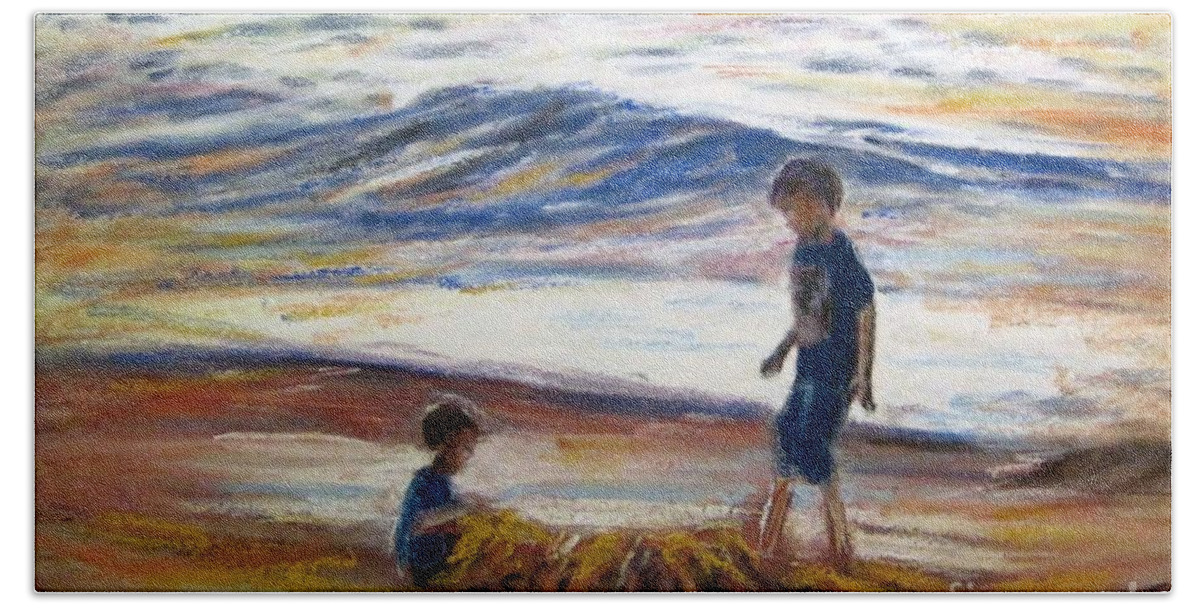 Boys Hand Towel featuring the painting Boys playing at the beach by Ryn Shell
