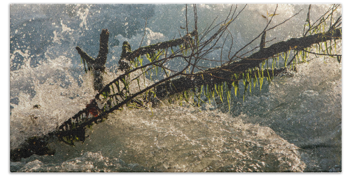 Water Bath Towel featuring the photograph Branch in rapids by Jason Hughes