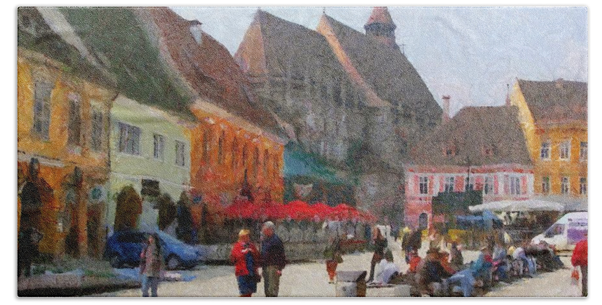 Shop Hand Towel featuring the painting Brasov Council Square by Jeffrey Kolker