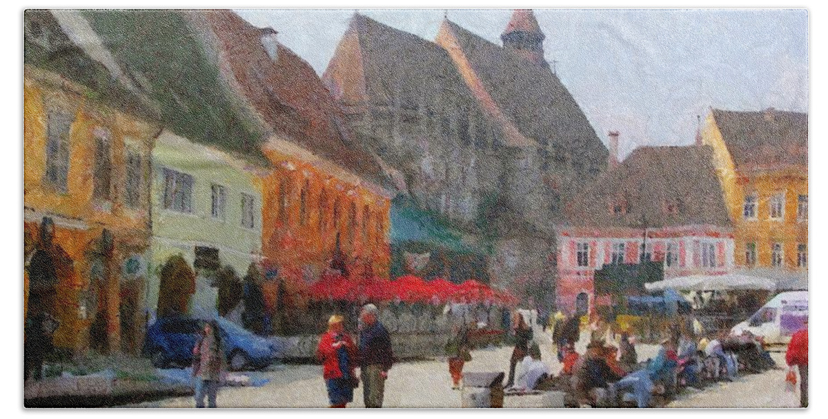 Shop Bath Towel featuring the painting Brasov Council Square by Jeffrey Kolker