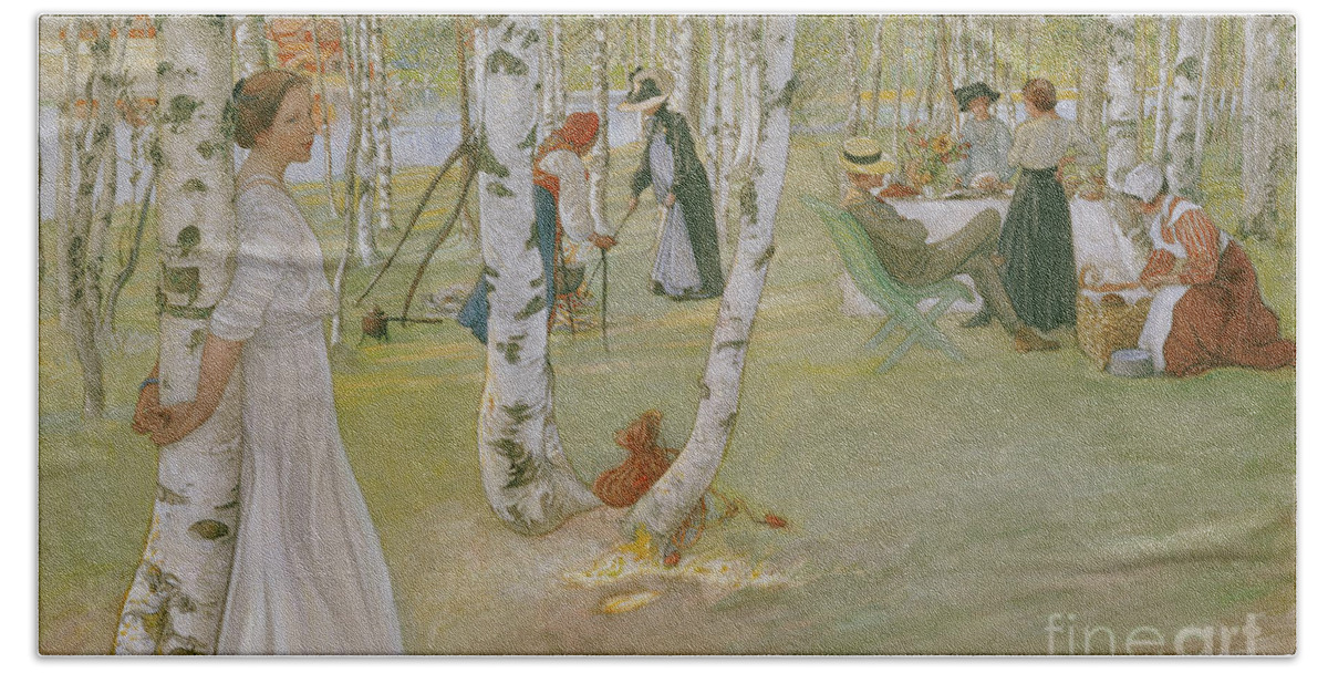 Carl Larsson Hand Towel featuring the painting Breakfast in the Open, 1910 by Carl Larsson