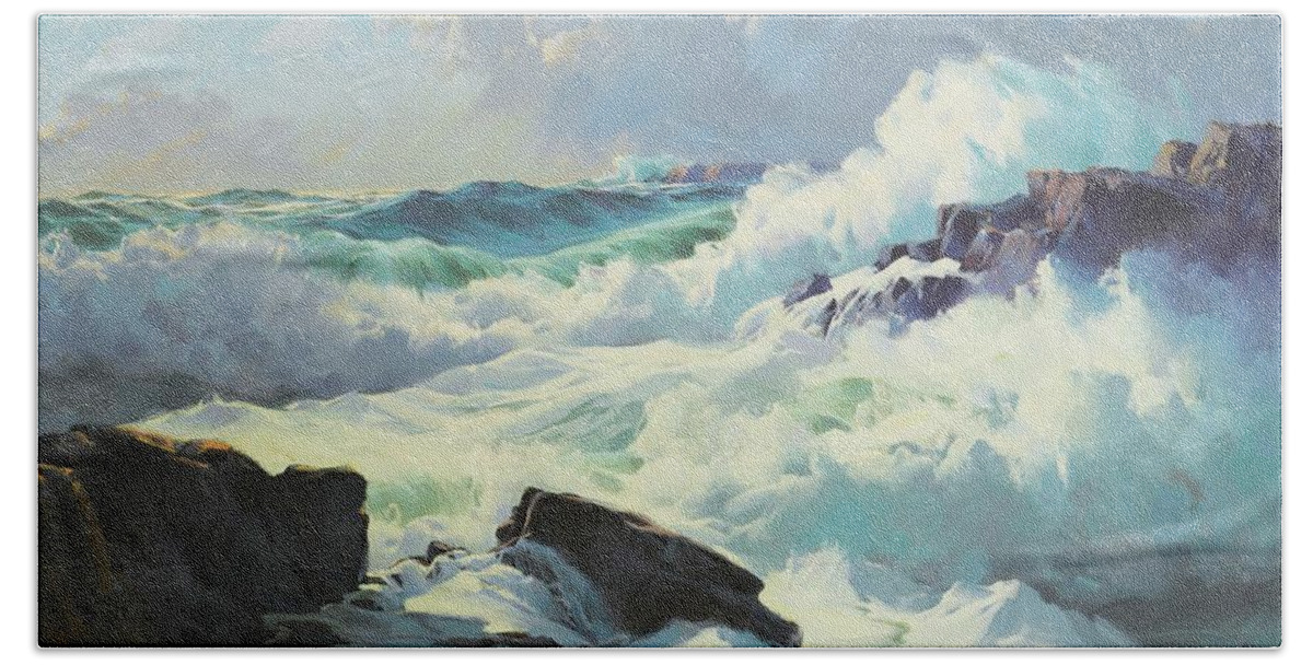 Frederick Judd Waugh 1861 - 1940 Breaking Surf Bath Towel featuring the painting Breaking Surf by Frederick Judd Waugh