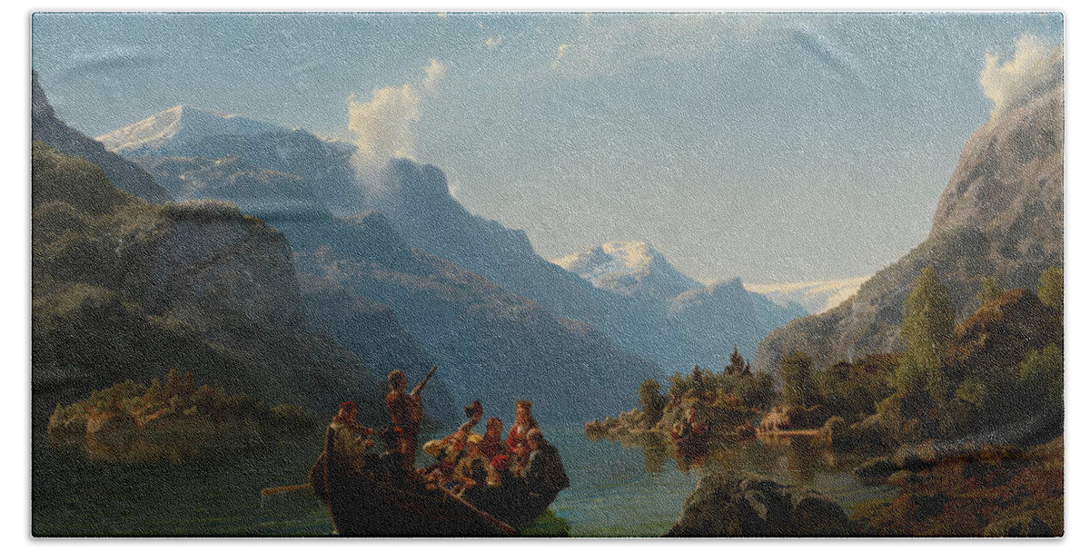 Norwegian Art Bath Towel featuring the painting Bridal Procession on the Hardangerfjord by Adolph Tidemand